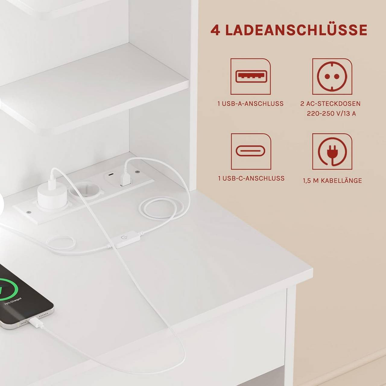 24goodz Vanity Table with LED Lighting - Modern Makeup Station - Large Storage Space - Wood and Glass - White - 90 x 135 x 40 cm
