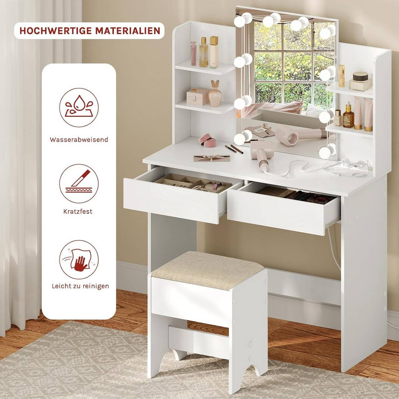 24goodz Vanity Table with LED Lighting - Modern Makeup Station - Large Storage Space - Wood and Glass - White - 90 x 135 x 40 cm