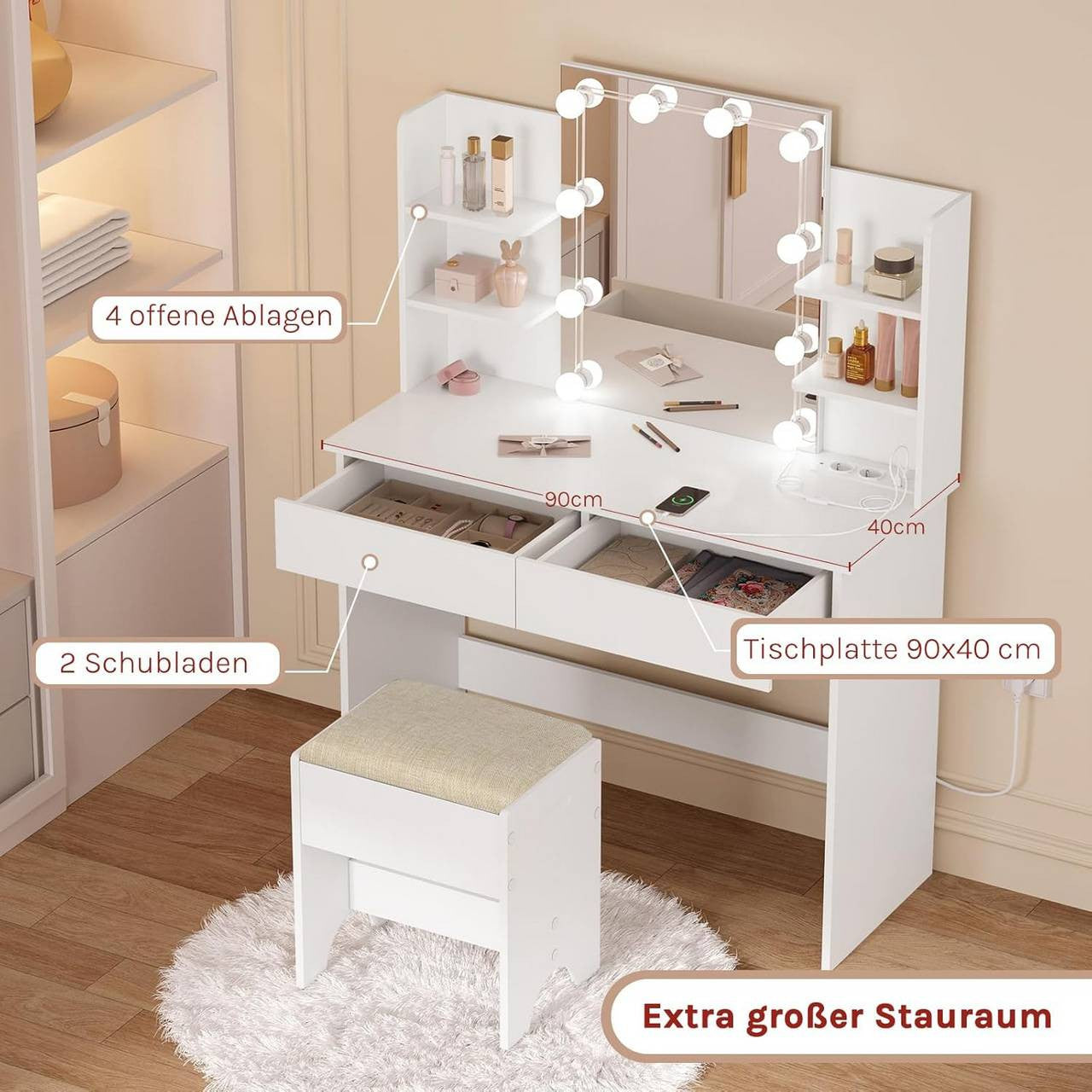 24goodz Vanity Table with LED Lighting - Modern Makeup Station - Large Storage Space - Wood and Glass - White - 90 x 135 x 40 cm