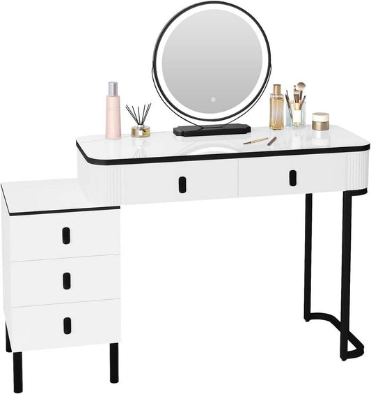 24goodz Vanity Table with LED Mirror - Dimmable Lighting - Ample Storage - MDF - For Home Use - White + Black