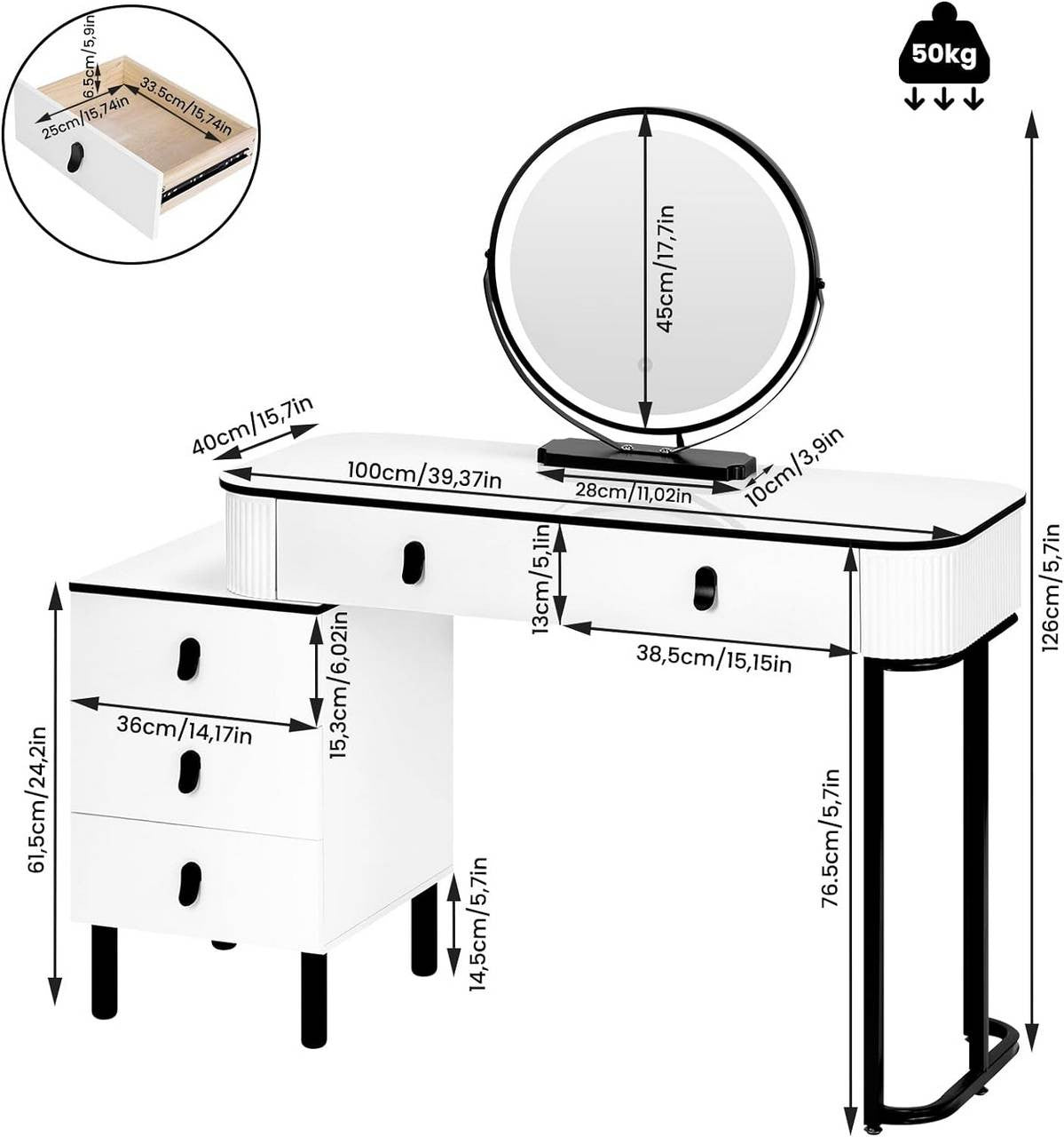 24goodz Vanity Table with LED Mirror - Dimmable Lighting - Ample Storage - MDF - For Home Use - White + Black