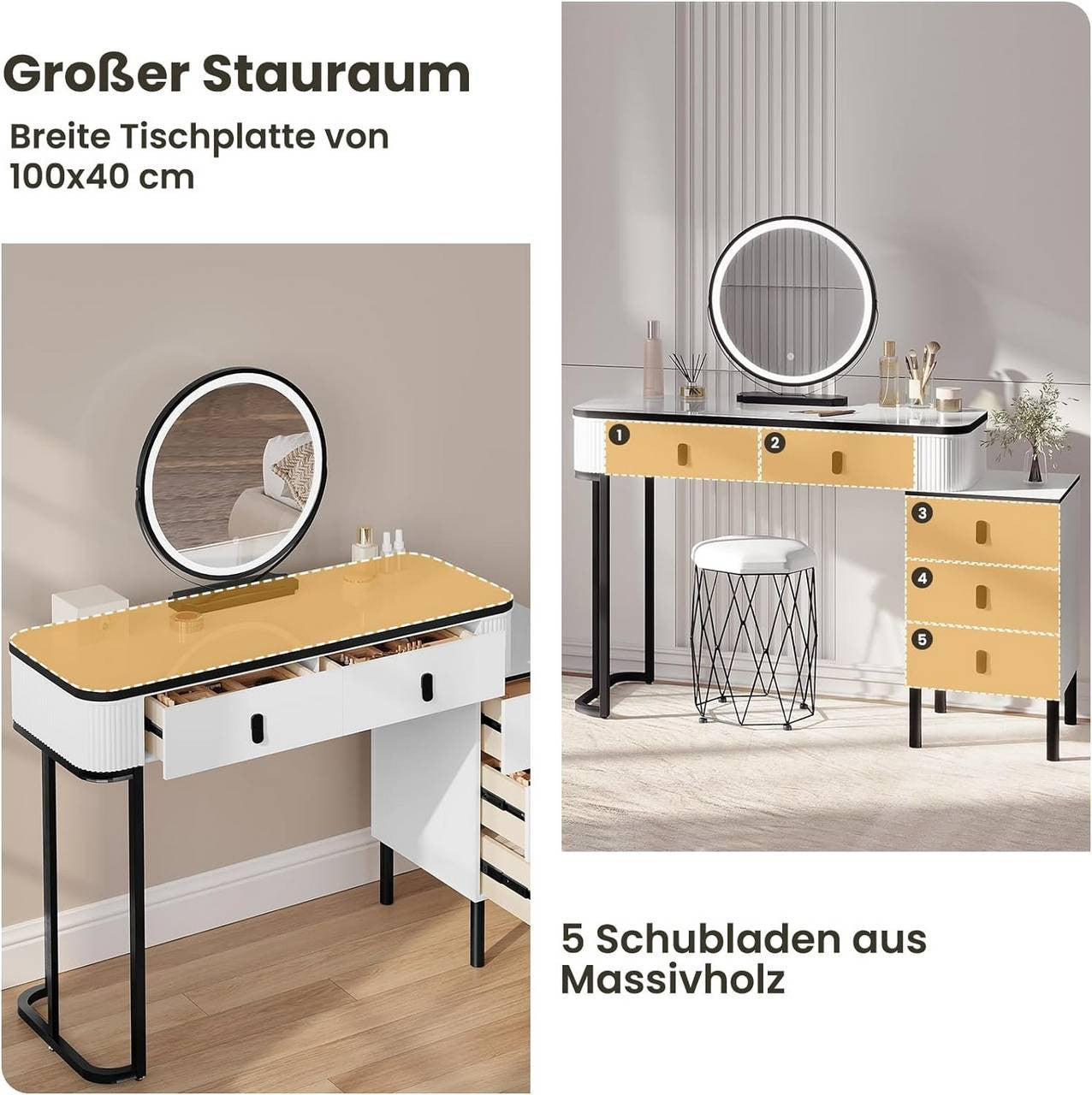 24goodz Vanity Table with LED Mirror - Dimmable Lighting - Ample Storage - MDF - For Home Use - White + Black