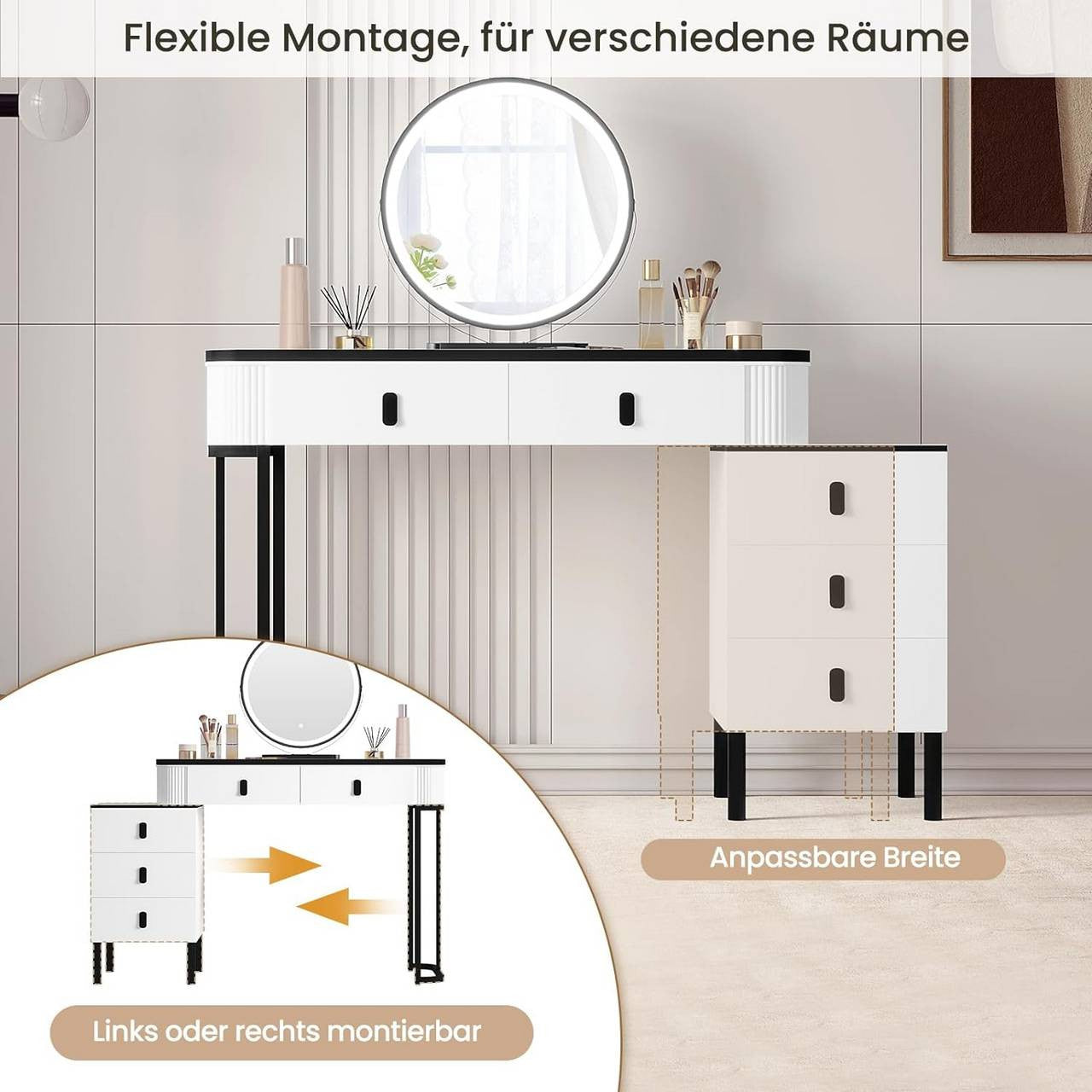 24goodz Vanity Table with LED Mirror - Dimmable Lighting - Ample Storage - MDF - For Home Use - White + Black