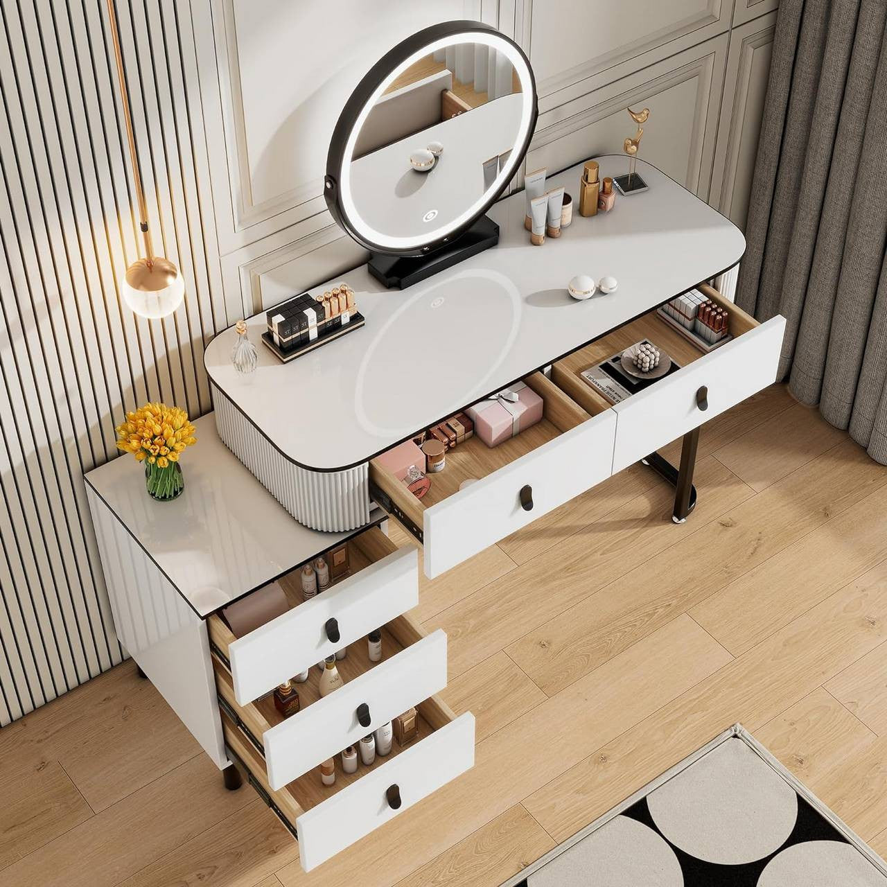 24goodz Vanity Table with LED Mirror - Dimmable Lighting - Ample Storage - MDF - For Home Use - White + Black