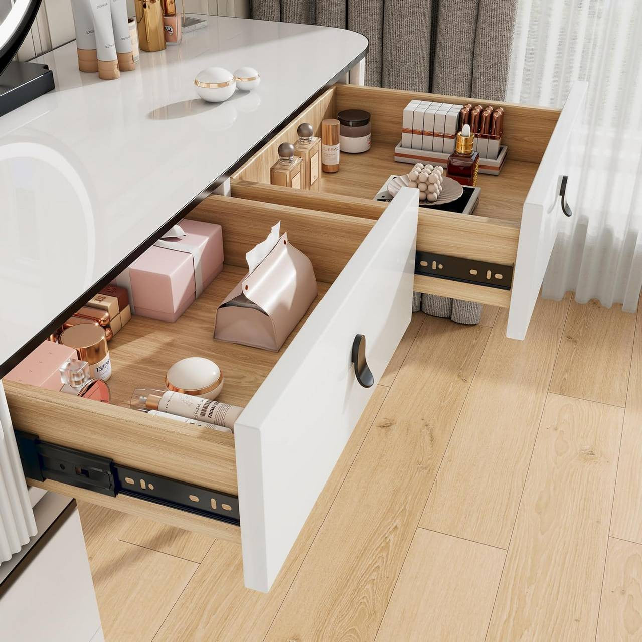 24goodz Vanity Table with LED Mirror - Dimmable Lighting - Ample Storage - MDF - For Home Use - White + Black