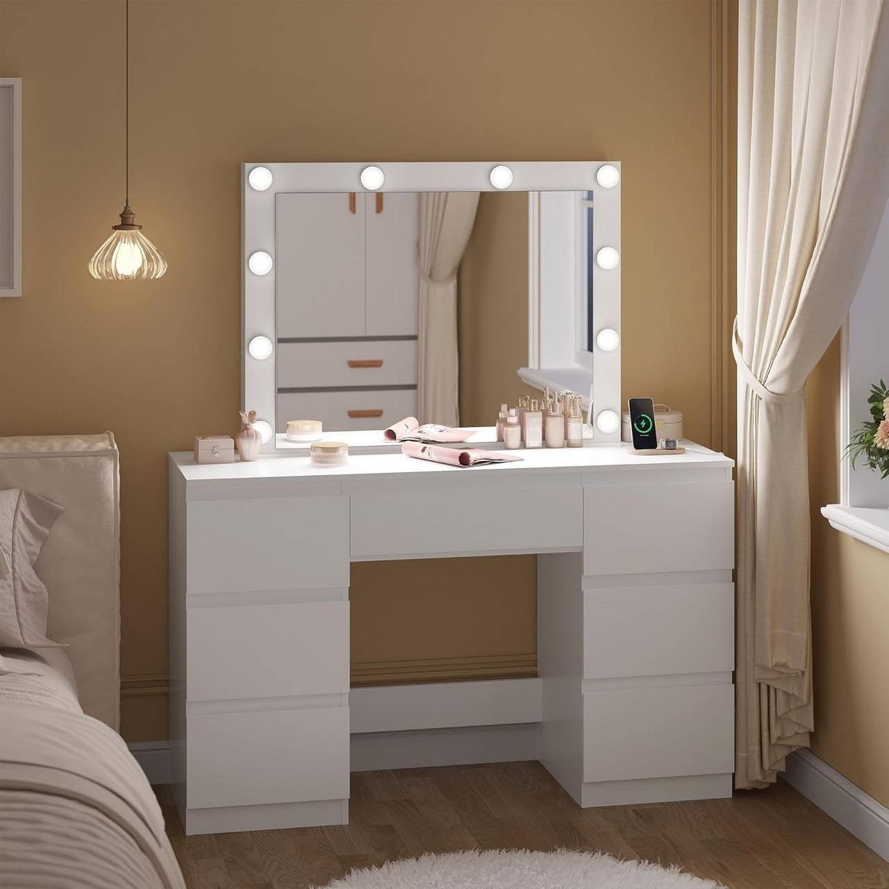 24goodz Vanity Table with Mirror - Dimmable LED Lighting - Ample Storage Space - E1 Wood - For Beauty Enthusiasts - White