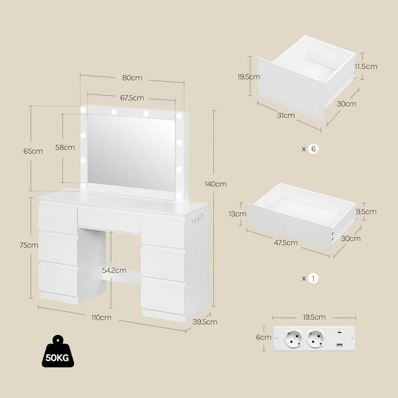 24goodz Vanity Table with Mirror - Dimmable LED Lighting - Ample Storage Space - E1 Wood - For Beauty Enthusiasts - White