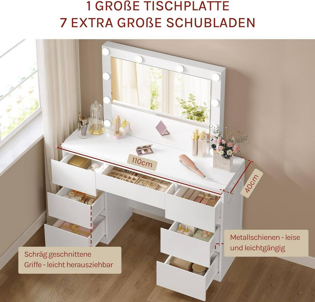 24goodz Vanity Table with Mirror - Dimmable LED Lighting - Ample Storage Space - E1 Wood - For Beauty Enthusiasts - White