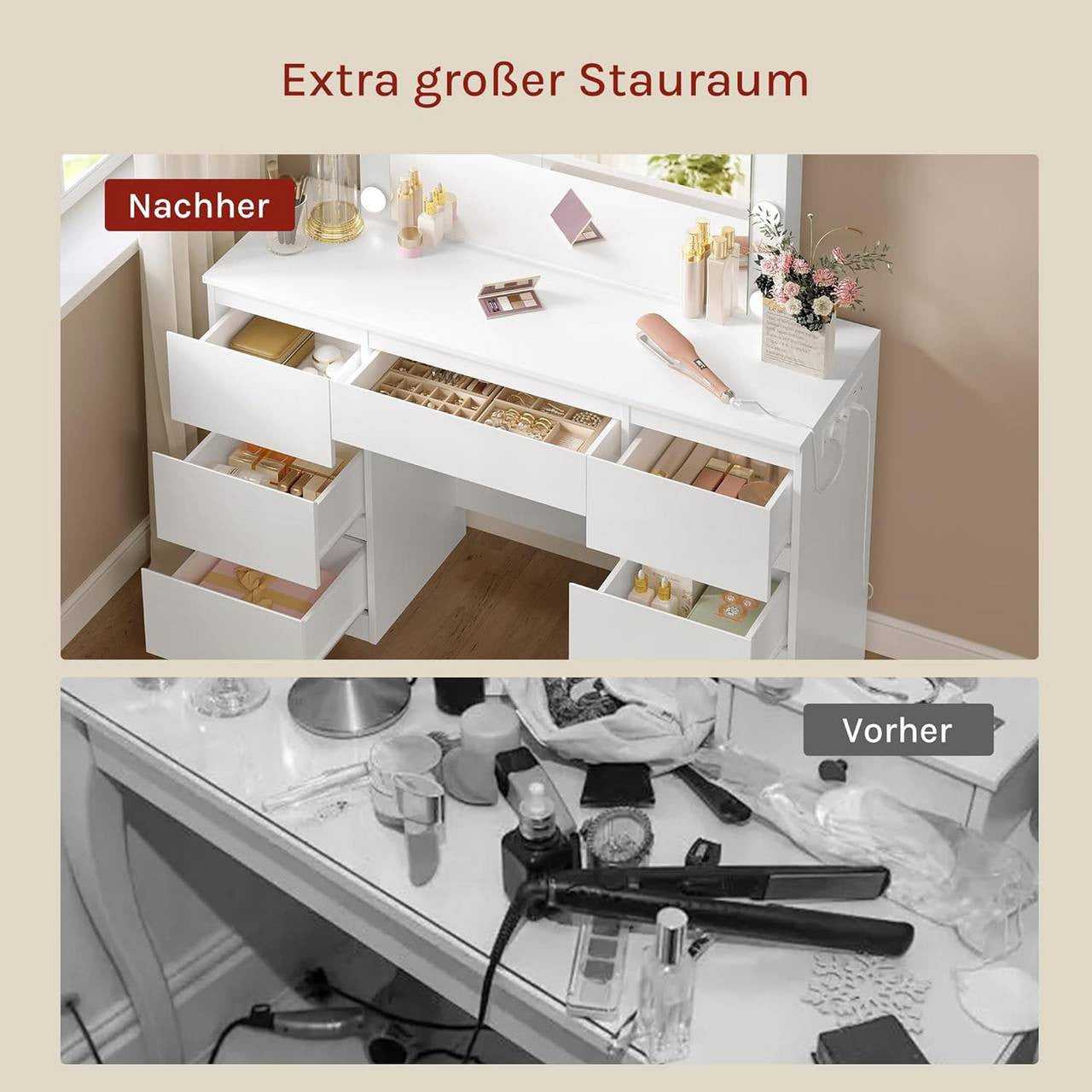 24goodz Vanity Table with Mirror - Dimmable LED Lighting - Ample Storage Space - E1 Wood - For Beauty Enthusiasts - White