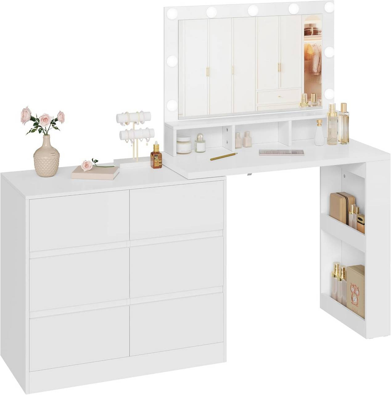 24goodz Dressing Table with Adjustable LED Lighting - Ample Storage Space - E1-Class Wood + Glass - White - 90 x 134.5 x 40 cm