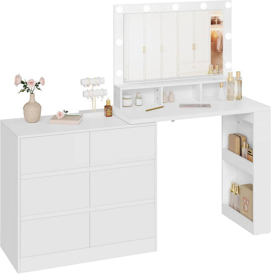 24goodz Dressing Table with Adjustable LED Lighting - Ample Storage Space - E1-Class Wood + Glass - White - 90 x 134.5 x 40 cm