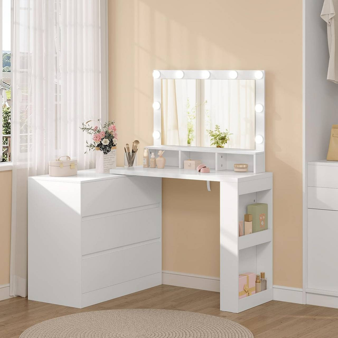 24goodz Dressing Table with Adjustable LED Lighting - Ample Storage Space - E1-Class Wood + Glass - White - 90 x 134.5 x 40 cm