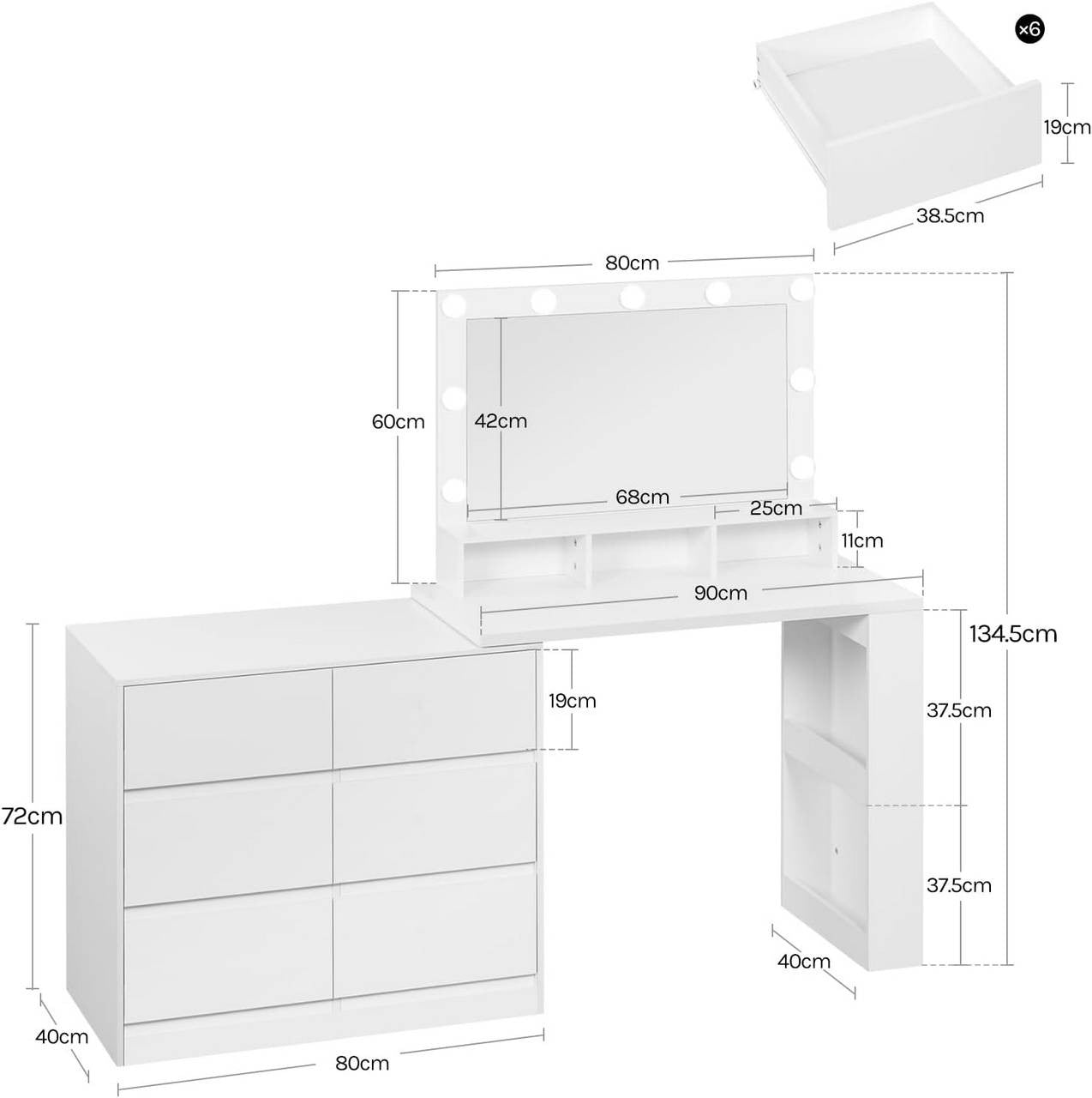 24goodz Dressing Table with Adjustable LED Lighting - Ample Storage Space - E1-Class Wood + Glass - White - 90 x 134.5 x 40 cm
