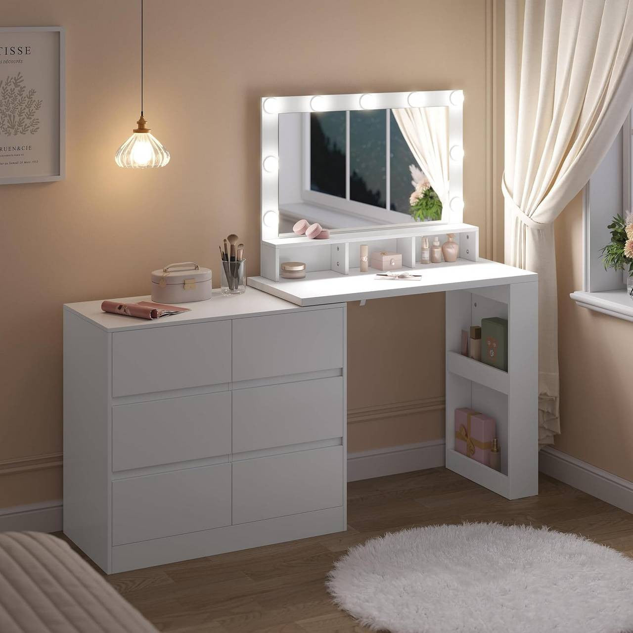 24goodz Dressing Table with Adjustable LED Lighting - Ample Storage Space - E1-Class Wood + Glass - White - 90 x 134.5 x 40 cm