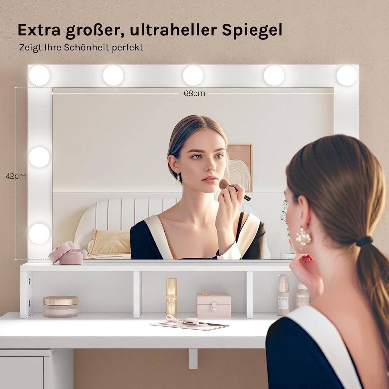 24goodz Dressing Table with Adjustable LED Lighting - Ample Storage Space - E1-Class Wood + Glass - White - 90 x 134.5 x 40 cm