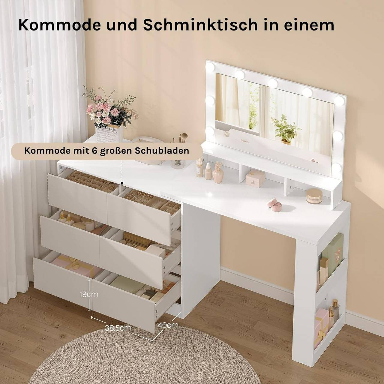 24goodz Dressing Table with Adjustable LED Lighting - Ample Storage Space - E1-Class Wood + Glass - White - 90 x 134.5 x 40 cm