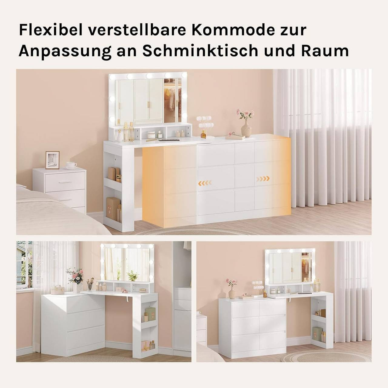 24goodz Dressing Table with Adjustable LED Lighting - Ample Storage Space - E1-Class Wood + Glass - White - 90 x 134.5 x 40 cm