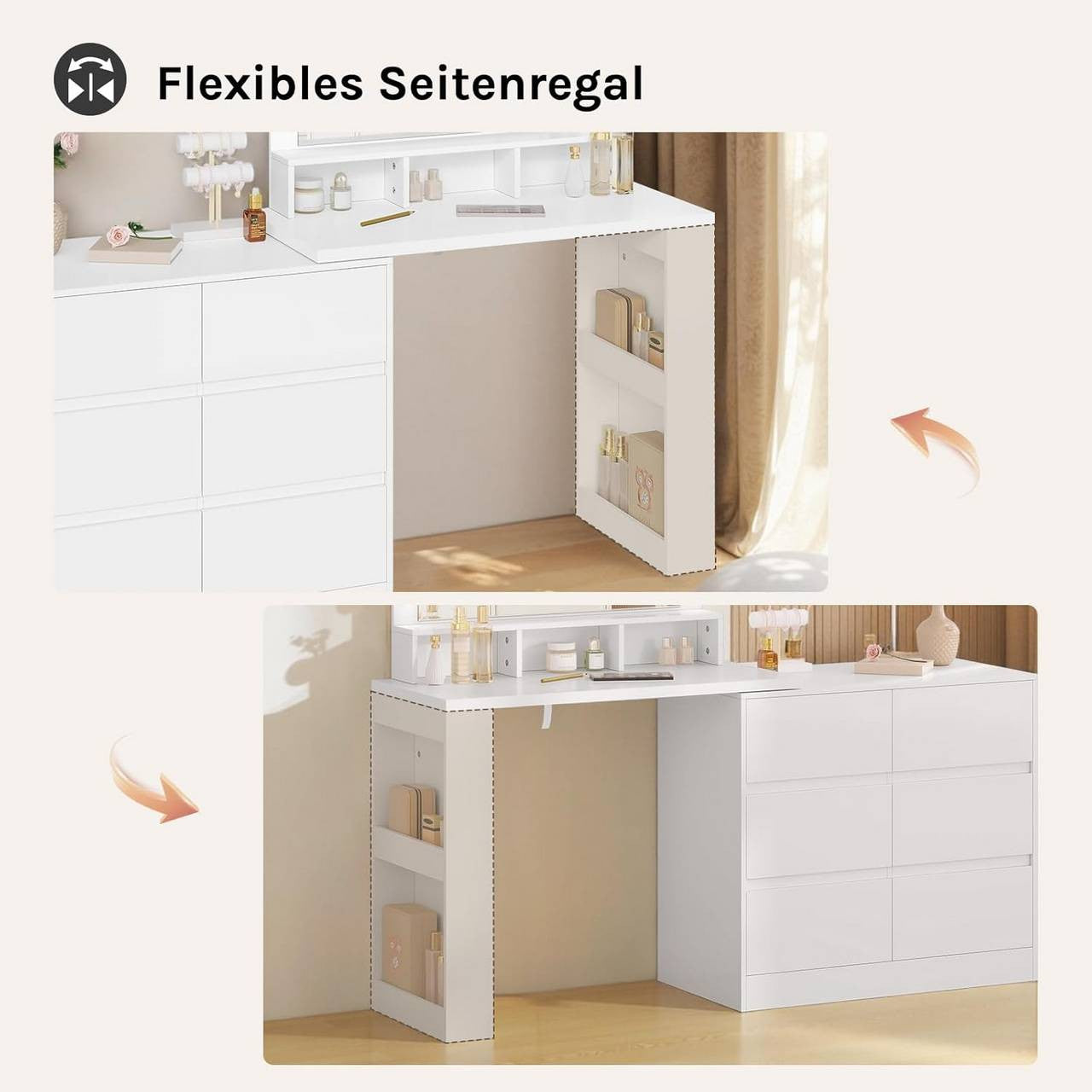 24goodz Dressing Table with Adjustable LED Lighting - Ample Storage Space - E1-Class Wood + Glass - White - 90 x 134.5 x 40 cm