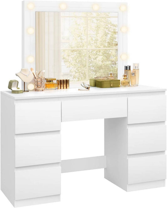 24goodz Vanity Table with Large Mirror - Adjustable LED Lighting - E1 Quality Wood - For Beauty Enthusiasts - White - 107x140.5x39.5 cm