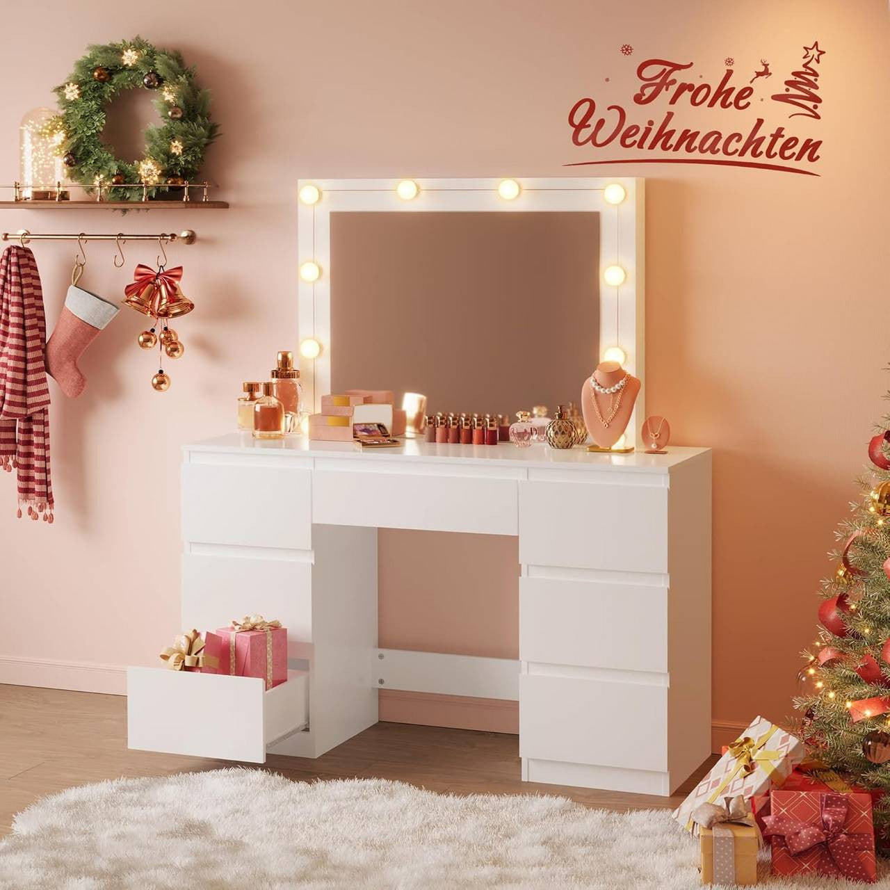 24goodz Vanity Table with Large Mirror - Adjustable LED Lighting - E1 Quality Wood - For Beauty Enthusiasts - White - 107x140.5x39.5 cm