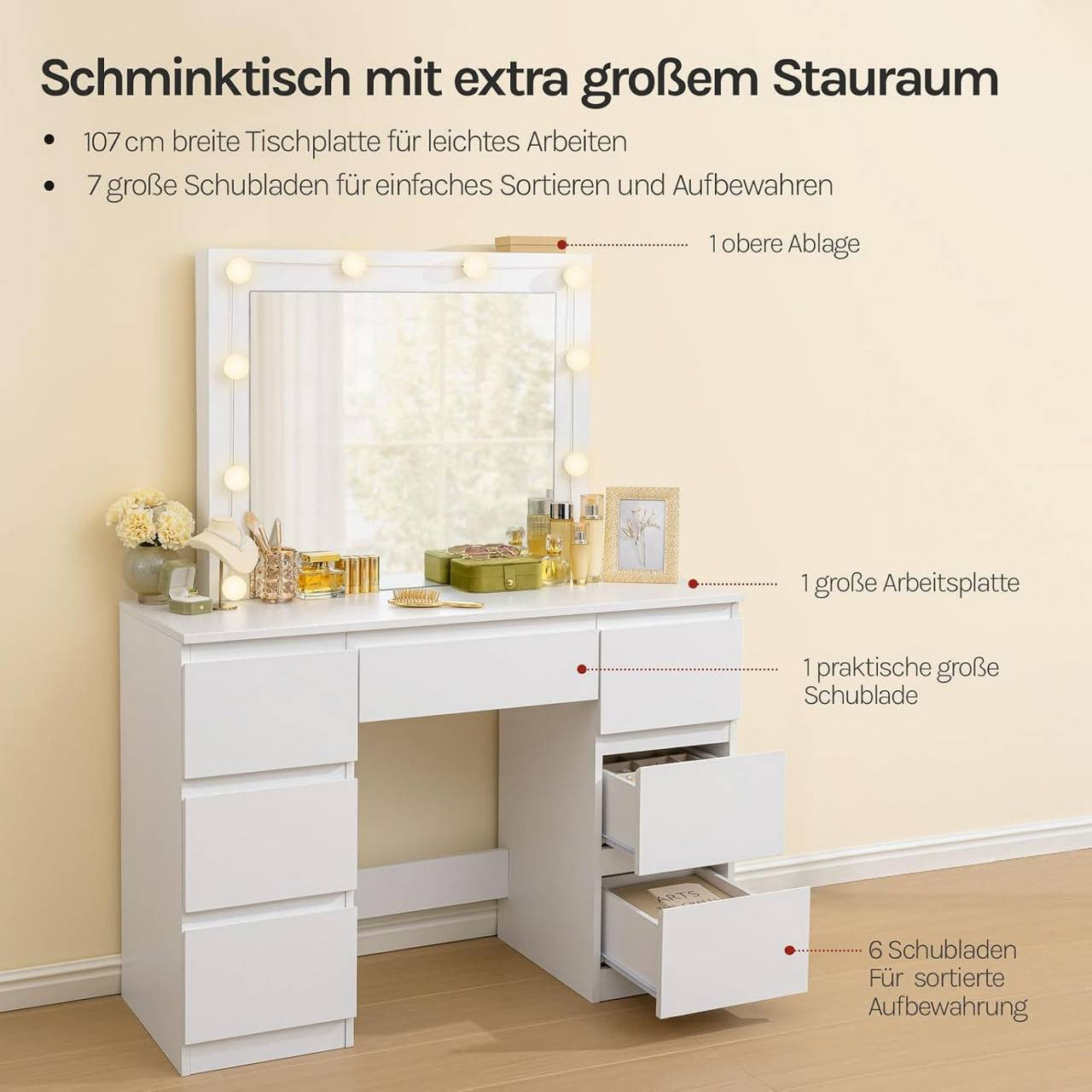 24goodz Vanity Table with Large Mirror - Adjustable LED Lighting - E1 Quality Wood - For Beauty Enthusiasts - White - 107x140.5x39.5 cm