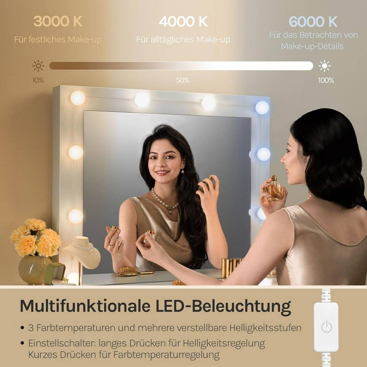 24goodz Vanity Table with Large Mirror - Adjustable LED Lighting - E1 Quality Wood - For Beauty Enthusiasts - White - 107x140.5x39.5 cm