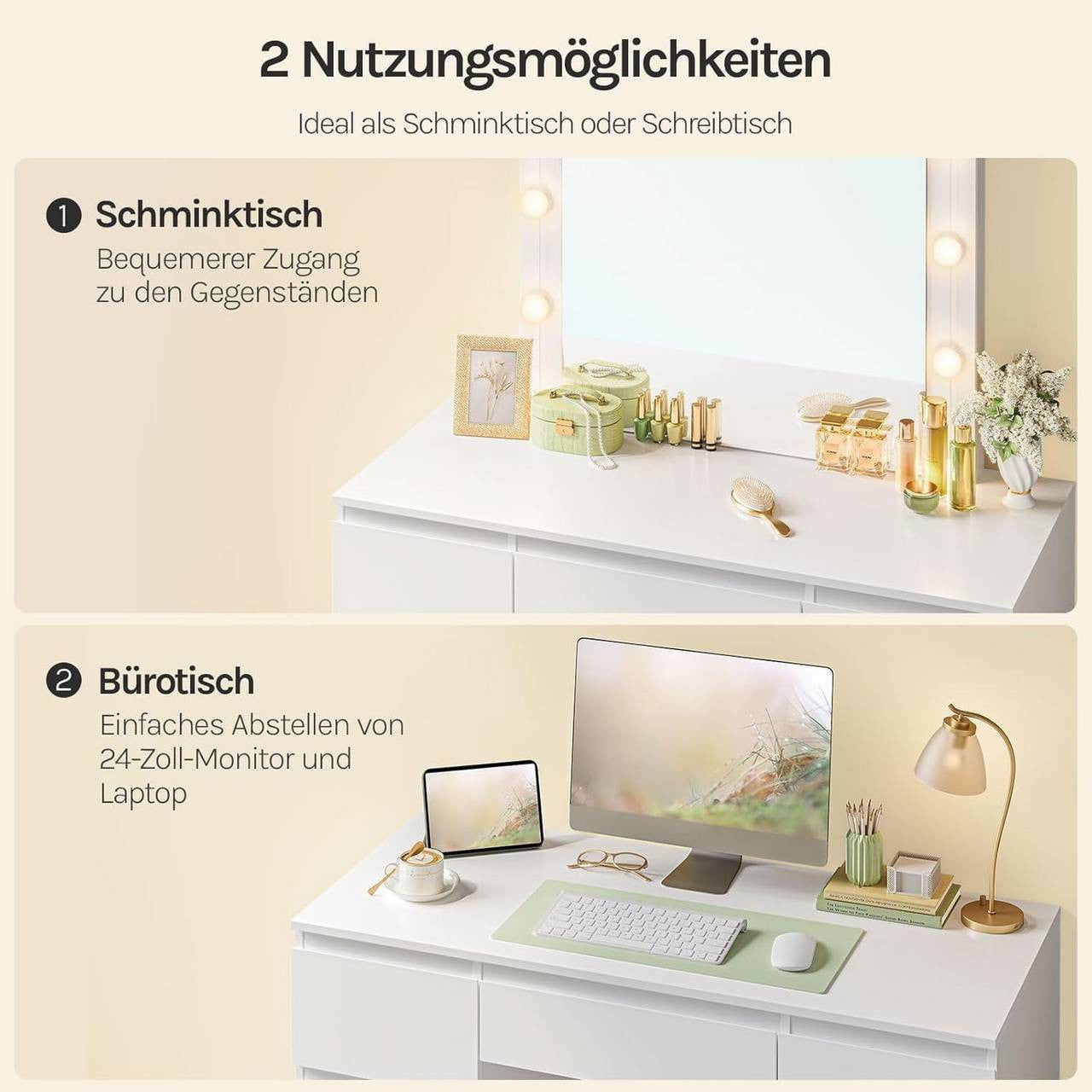 24goodz Vanity Table with Large Mirror - Adjustable LED Lighting - E1 Quality Wood - For Beauty Enthusiasts - White - 107x140.5x39.5 cm