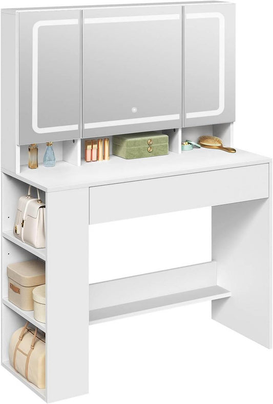 24goodz Vanity Table with Large Mirror - Adjustable LED Lighting - E1-Quality Particleboard - For All Ages - White 90x40 cm