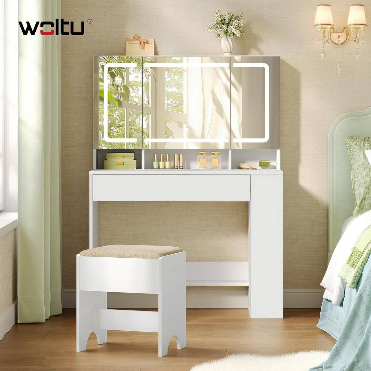 24goodz Vanity Table with Large Mirror - Adjustable LED Lighting - E1-Quality Particleboard - For All Ages - White 90x40 cm