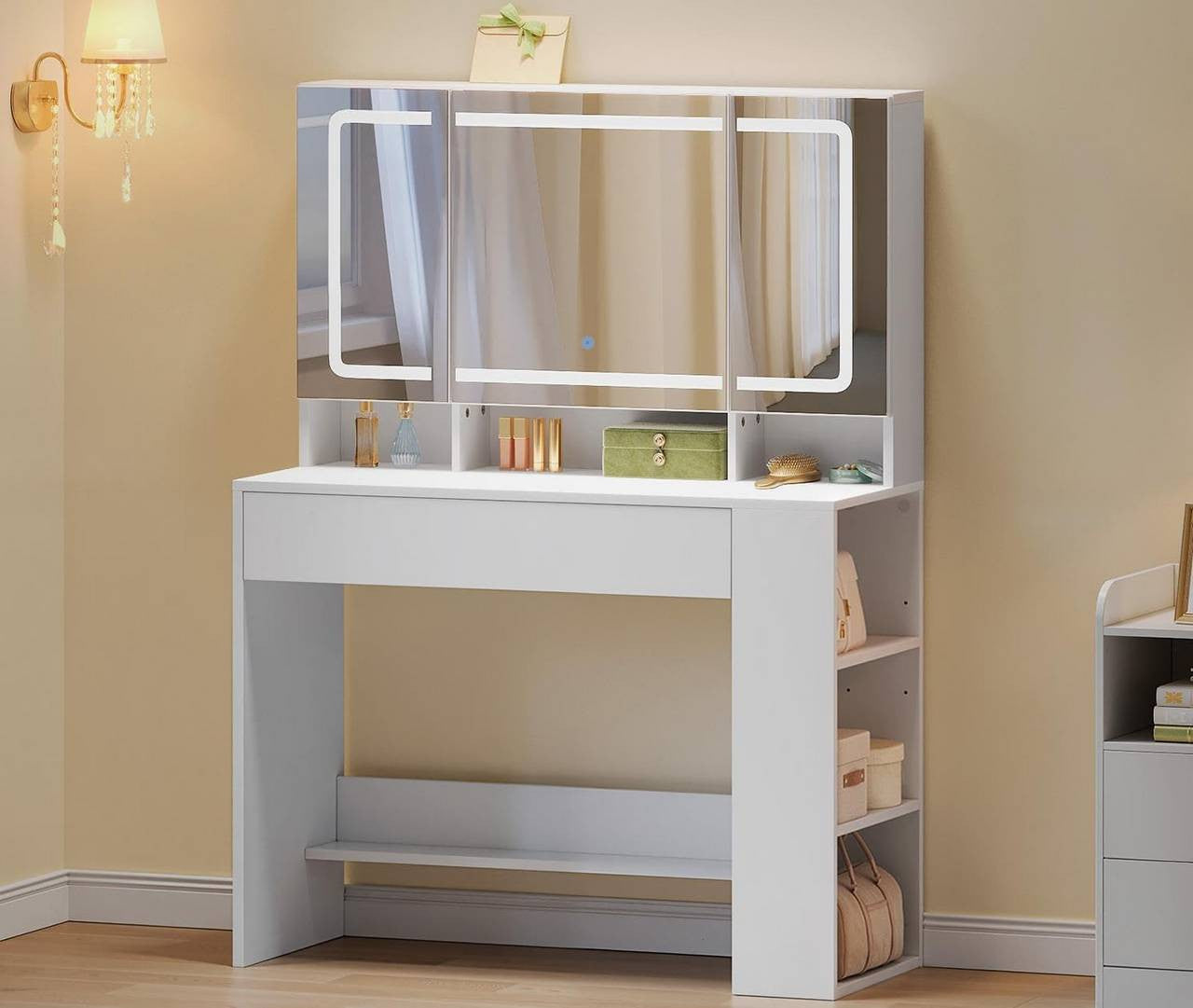 24goodz Vanity Table with Large Mirror - Adjustable LED Lighting - E1-Quality Particleboard - For All Ages - White 90x40 cm