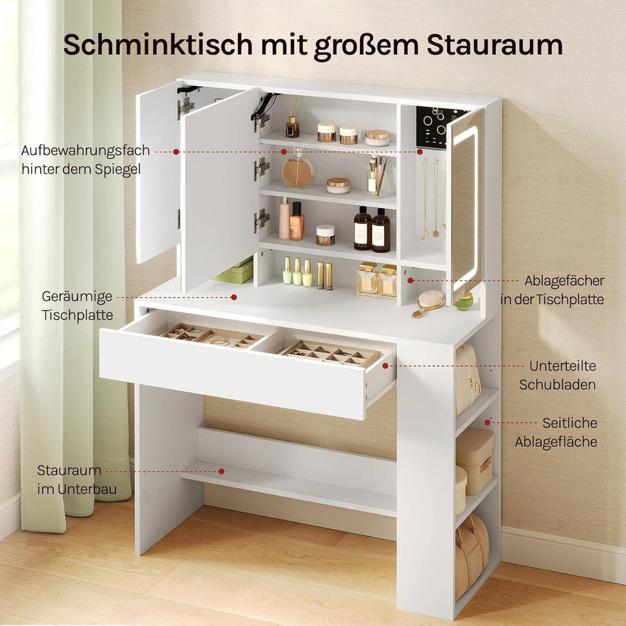 24goodz Vanity Table with Large Mirror - Adjustable LED Lighting - E1-Quality Particleboard - For All Ages - White 90x40 cm