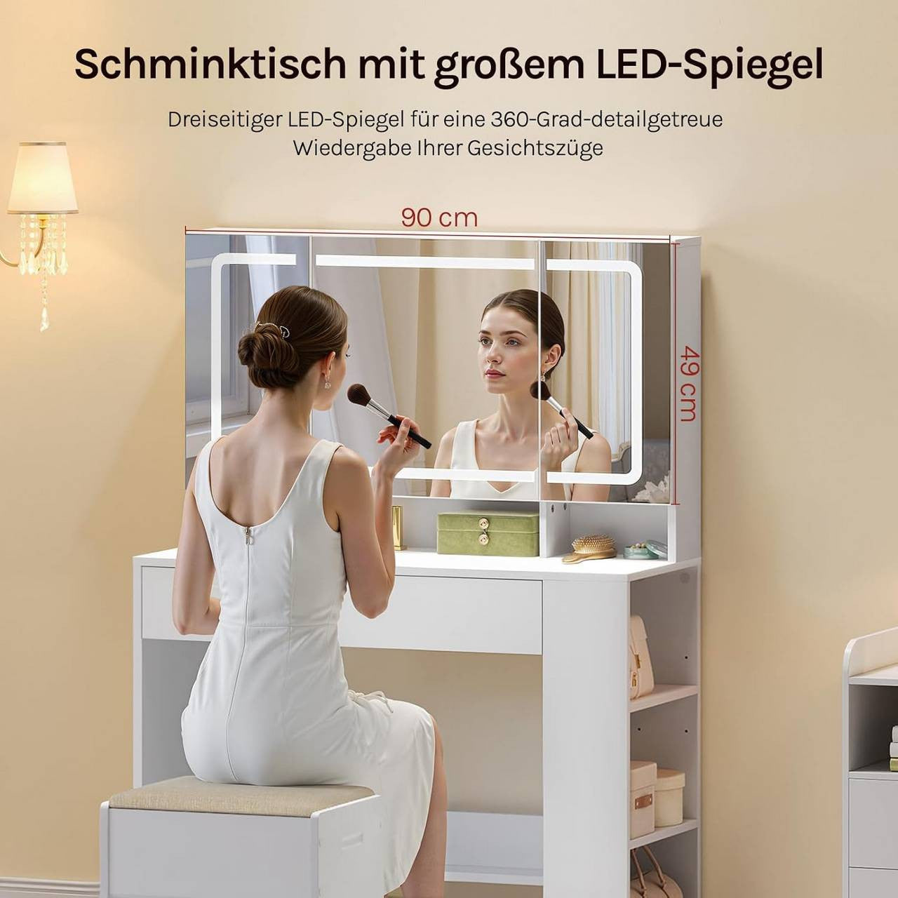 24goodz Vanity Table with Large Mirror - Adjustable LED Lighting - E1-Quality Particleboard - For All Ages - White 90x40 cm