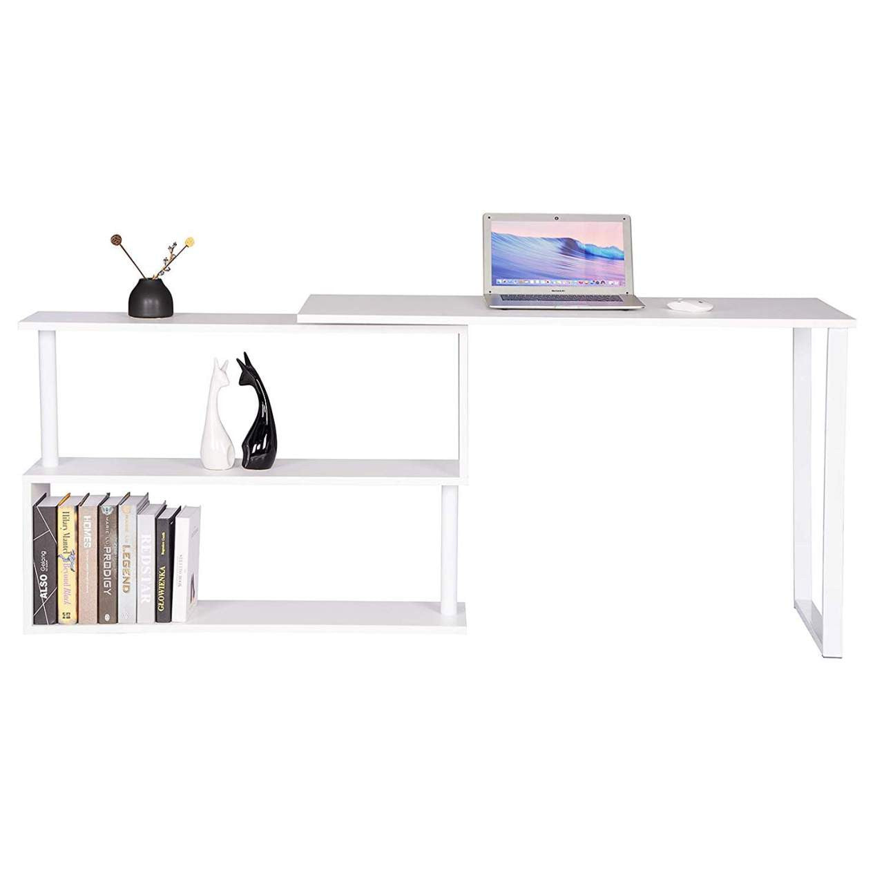 24goodz Corner Desk with Shelves - Versatile 180° Rotary Design - High-Quality MDF and Steel - For Home Office - White + Light Oak - ws