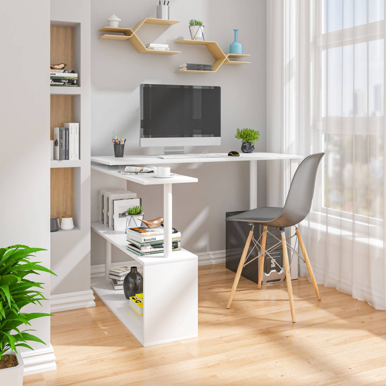 24goodz Corner Desk with Shelves - Versatile 180° Rotary Design - High-Quality MDF and Steel - For Home Office - White + Light Oak - ws