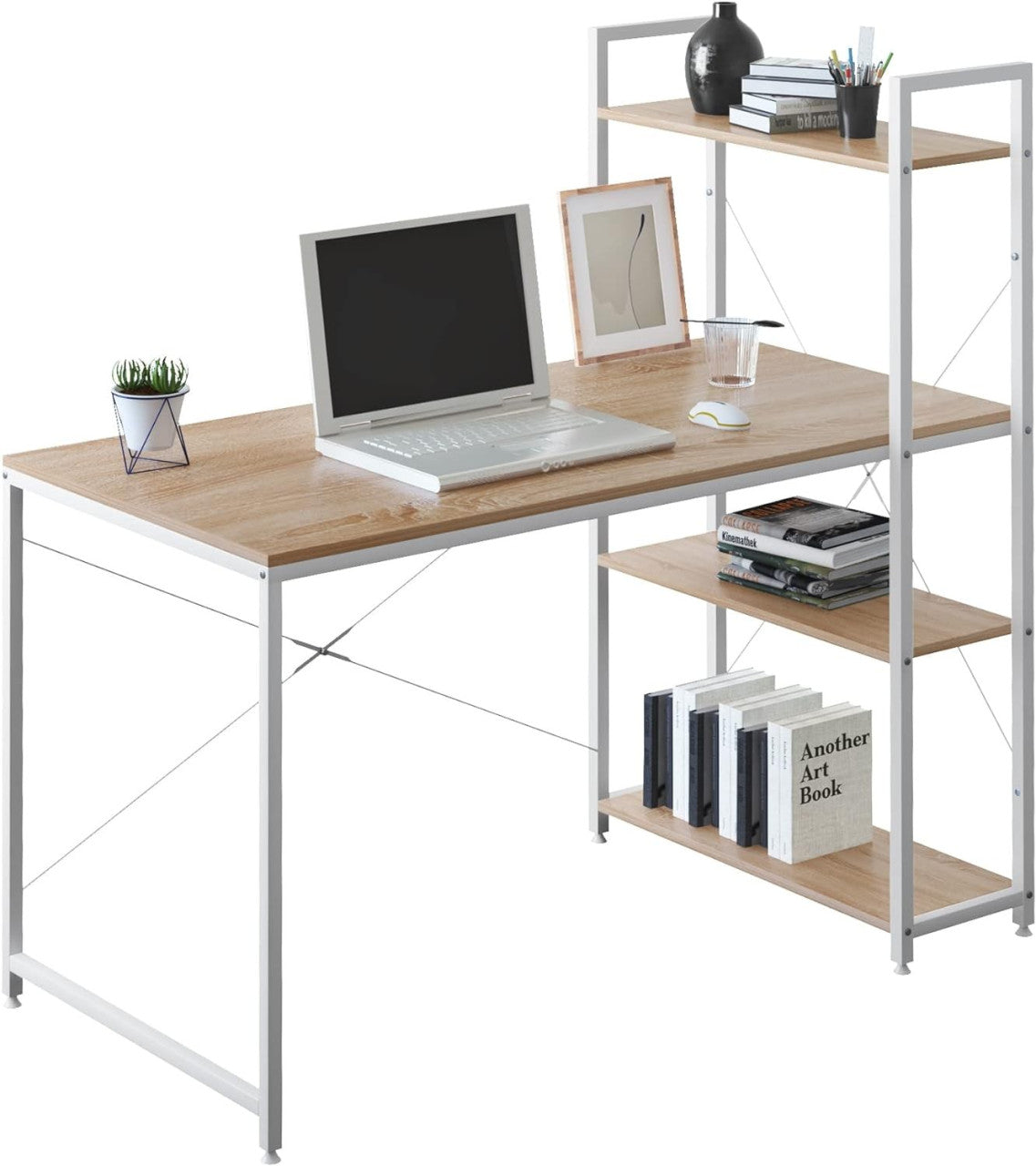 24goodz Office Desk with Storage Shelves - Ample Workspace - Sturdy Metal Frame - E1-Class Wood - For Home and Office - White - whe