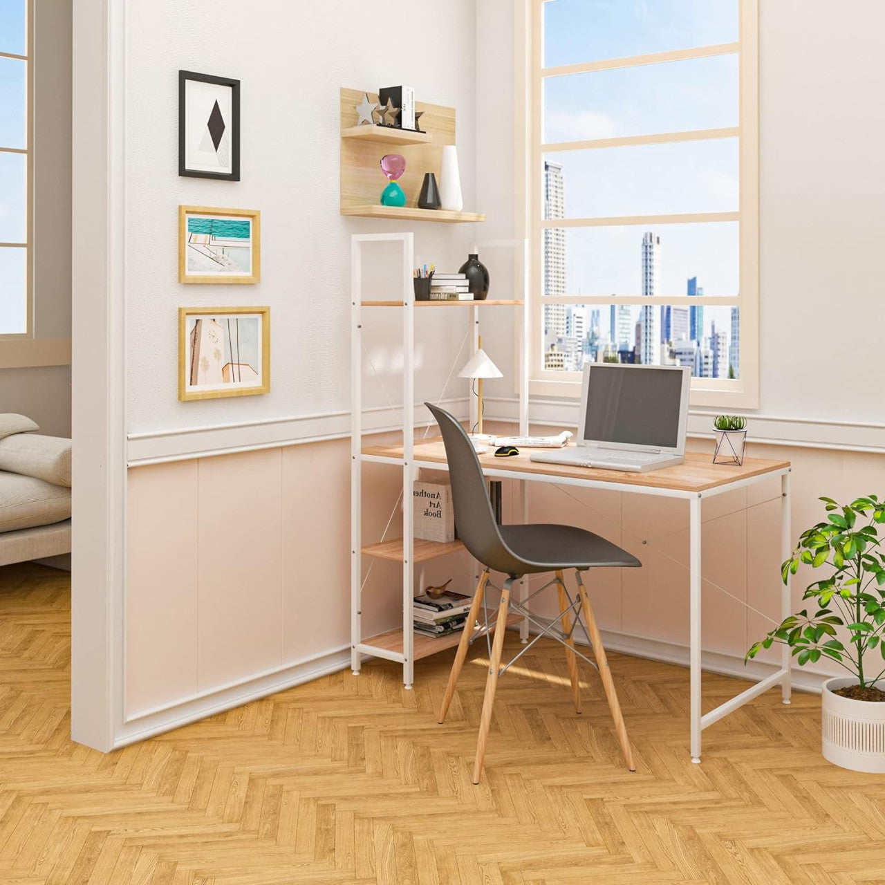 24goodz Office Desk with Storage Shelves - Ample Workspace - Sturdy Metal Frame - E1-Class Wood - For Home and Office - White - whe