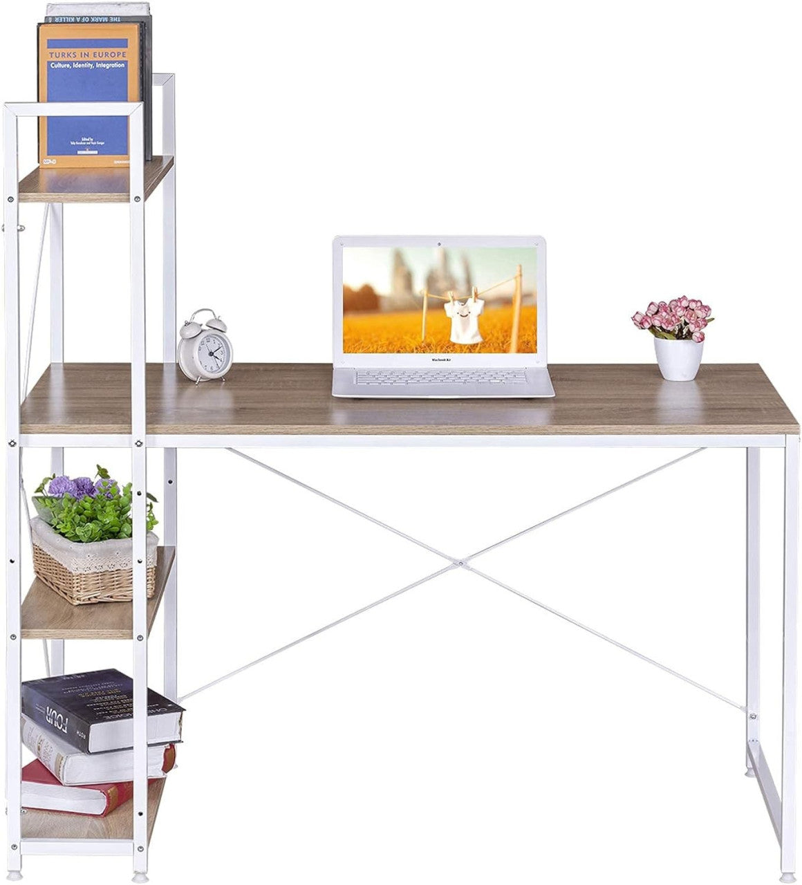 24goodz Office Desk with Storage Shelves - Ample Workspace - Sturdy Metal Frame - E1-Class Wood - For Home and Office - White - whe