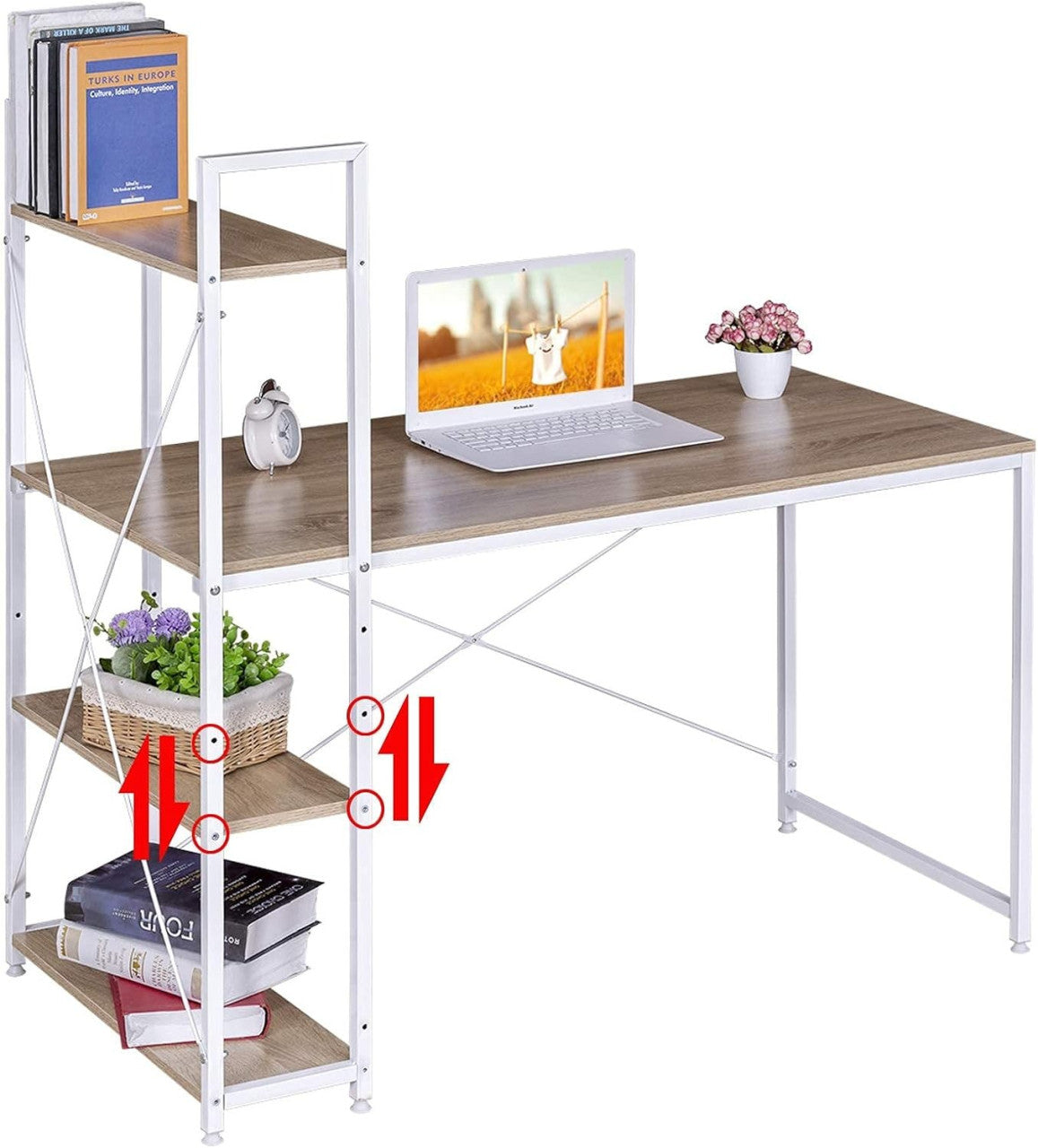 24goodz Office Desk with Storage Shelves - Ample Workspace - Sturdy Metal Frame - E1-Class Wood - For Home and Office - White - whe