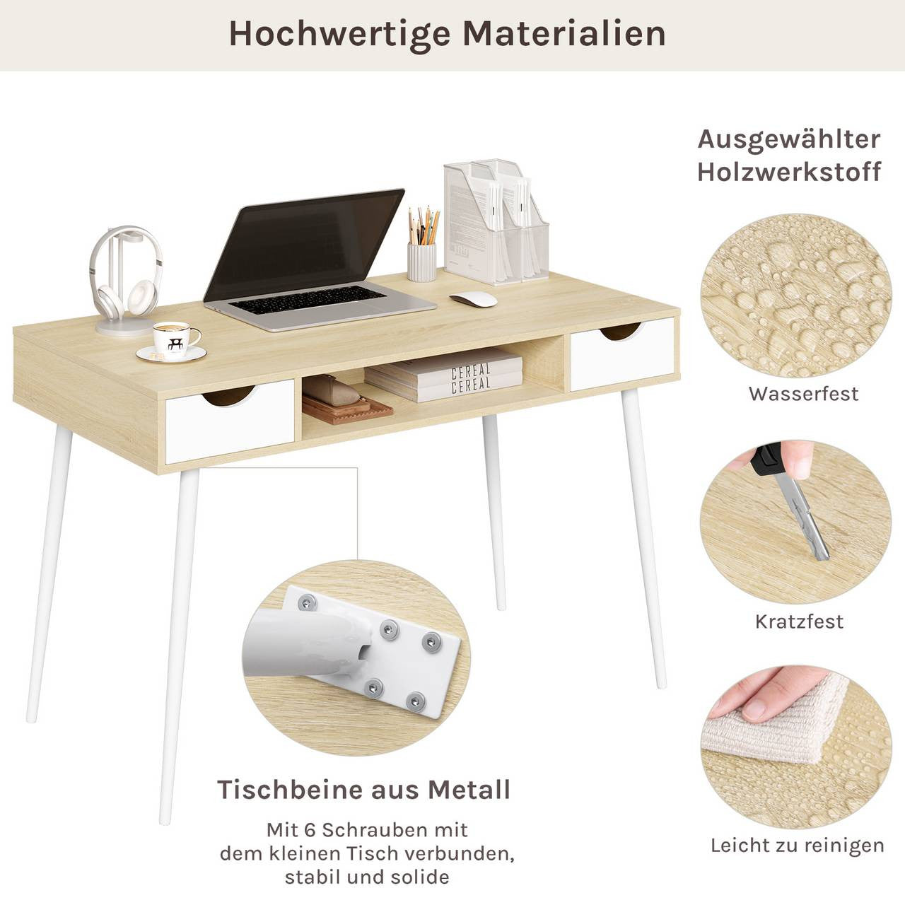 24goodz Office Desk - Ample Working Space - Stable & Solid Design - Engineered Wood + Steel - Oak - 120 x 58 cm - hei
