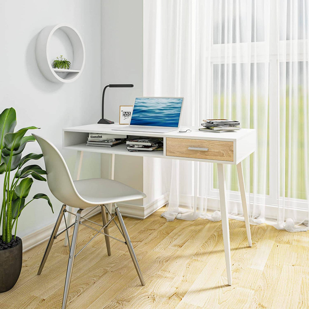 24goodz Home Office Desk with Drawer and Open Compartment - Large Storage Space - Silent and Smooth Drawer Runners - E1 MDF - For Home and Office - White - ws