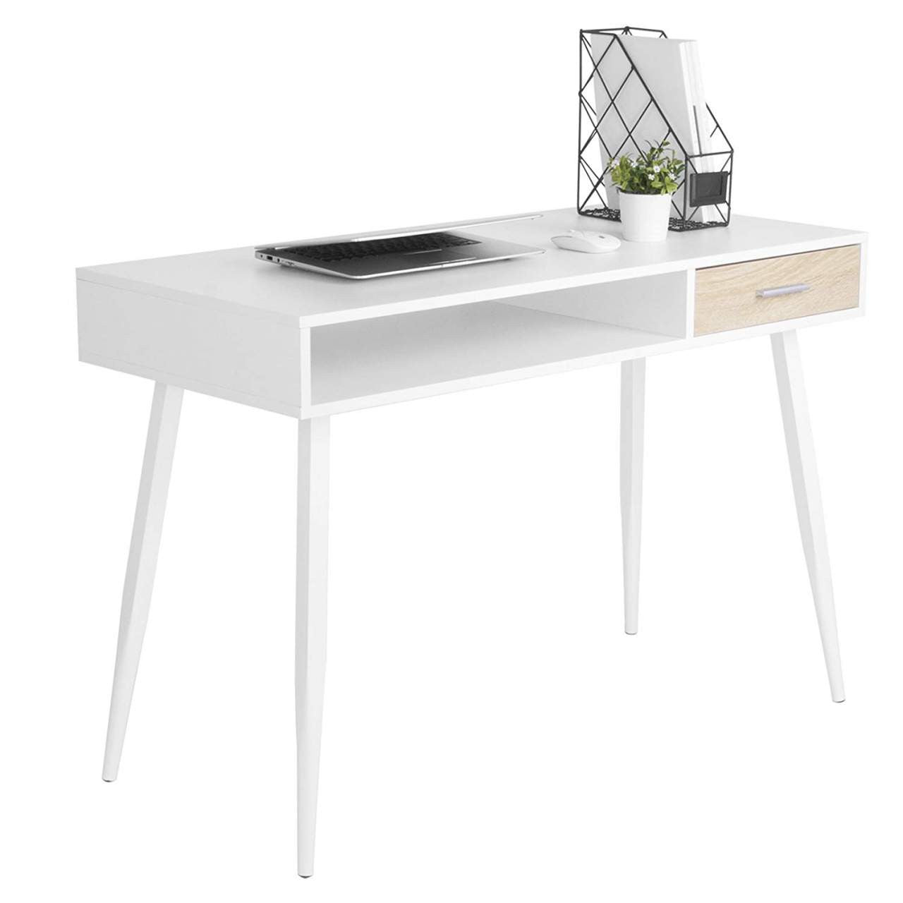 24goodz Home Office Desk with Drawer and Open Compartment - Large Storage Space - Silent and Smooth Drawer Runners - E1 MDF - For Home and Office - White - ws