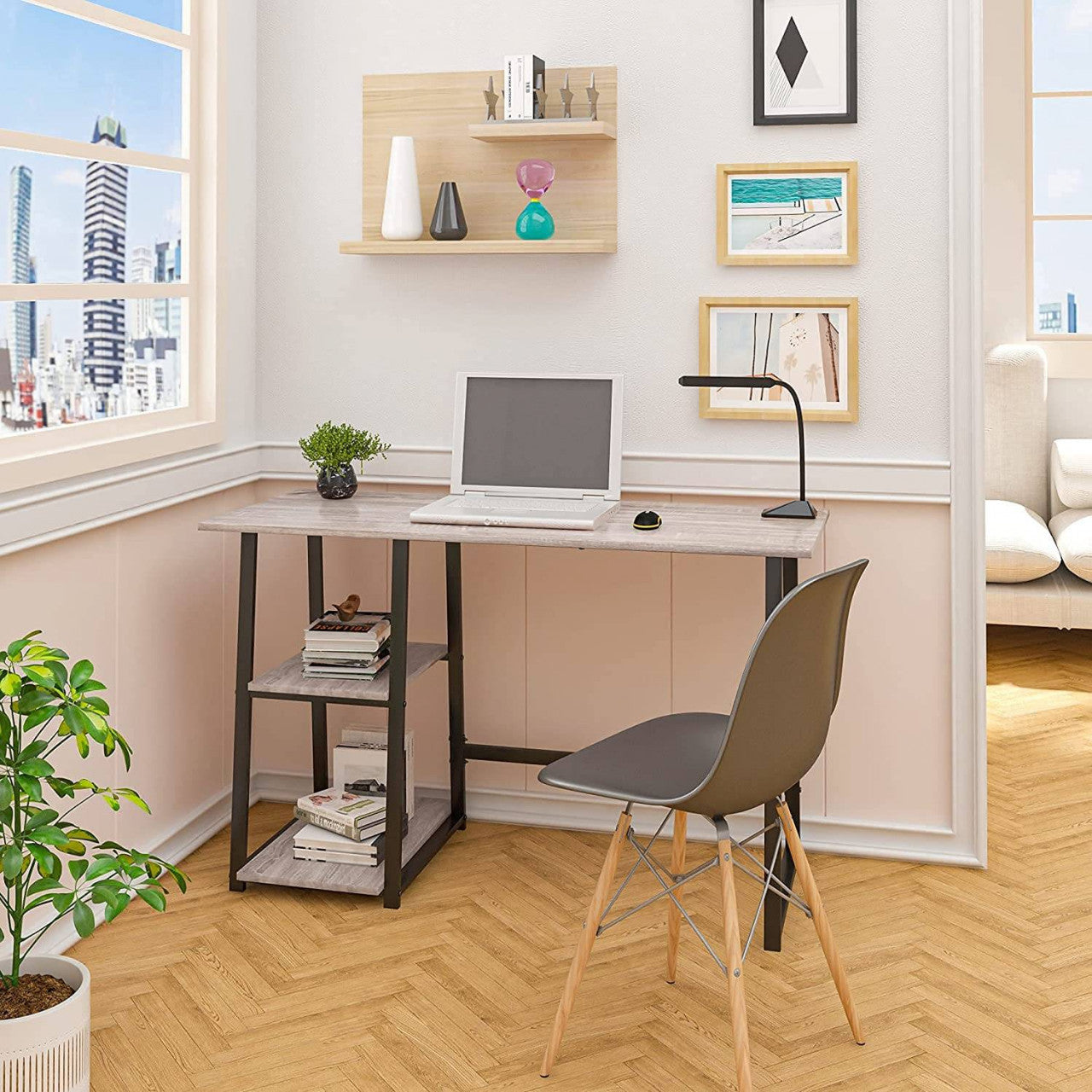 24goodz Computer Desk - Stylish Industrial Design - Ample Storage Space - E1 Engineered Wood and Steel - Grey