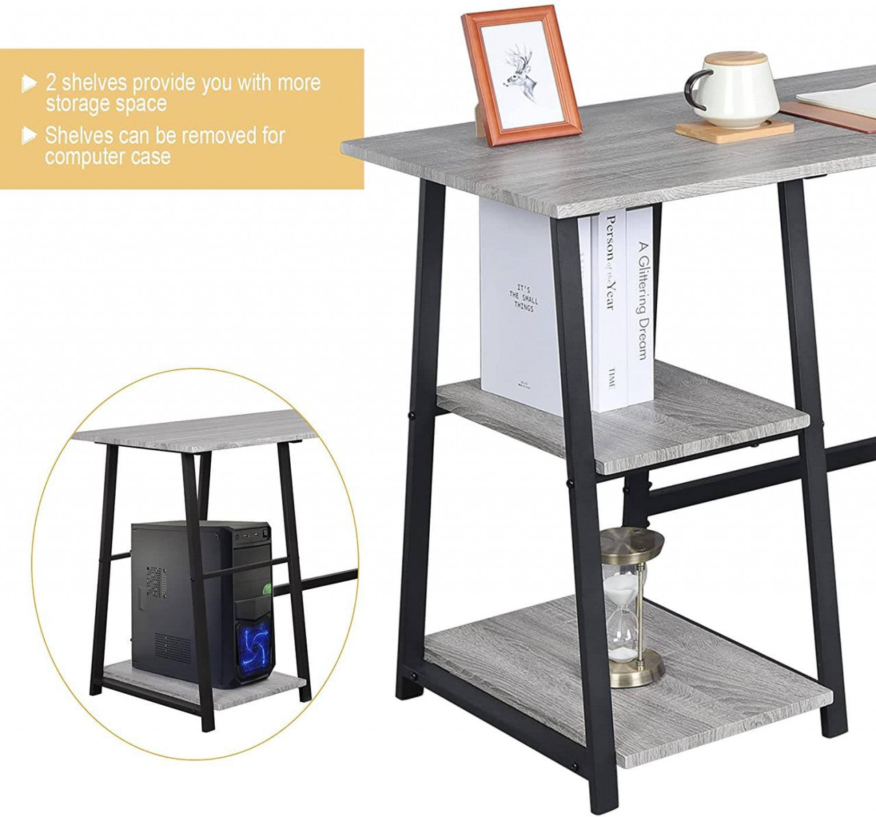 24goodz Computer Desk - Stylish Industrial Design - Ample Storage Space - E1 Engineered Wood and Steel - Grey