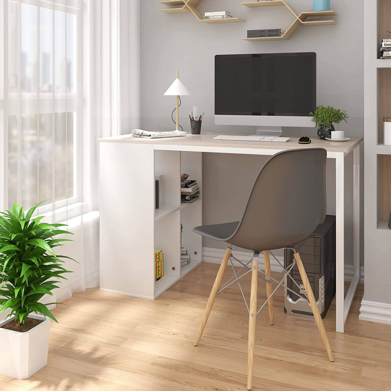 24goodz Office Desk - Stylish and Functional Design - Waterproof and Scratch-Resistant - MDF - For Home Office - Light Oak - hei