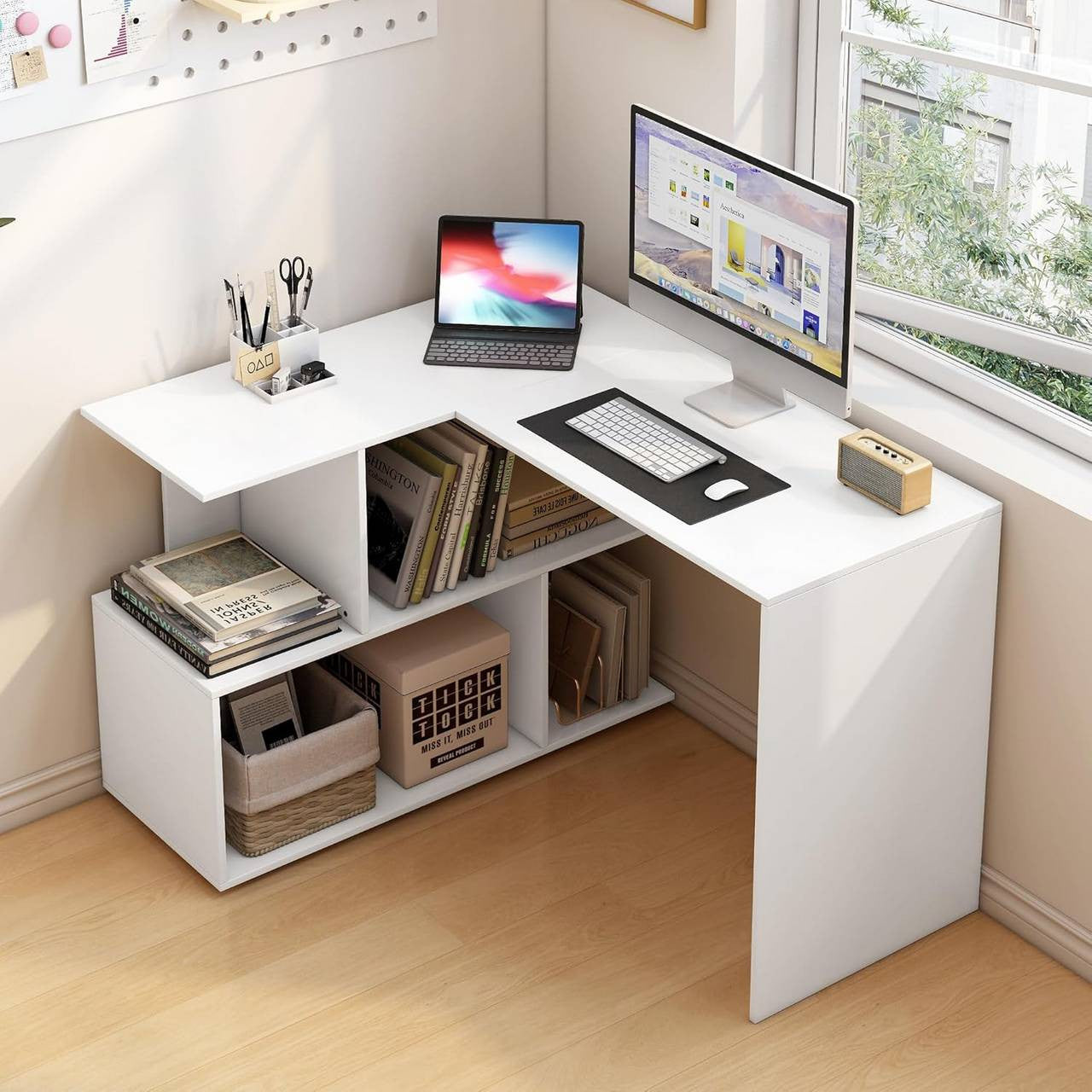 24goodz Corner Desk - 2-in-1 Design - Space-Saving - MDF - For Home Office - White + Light Oak - ws