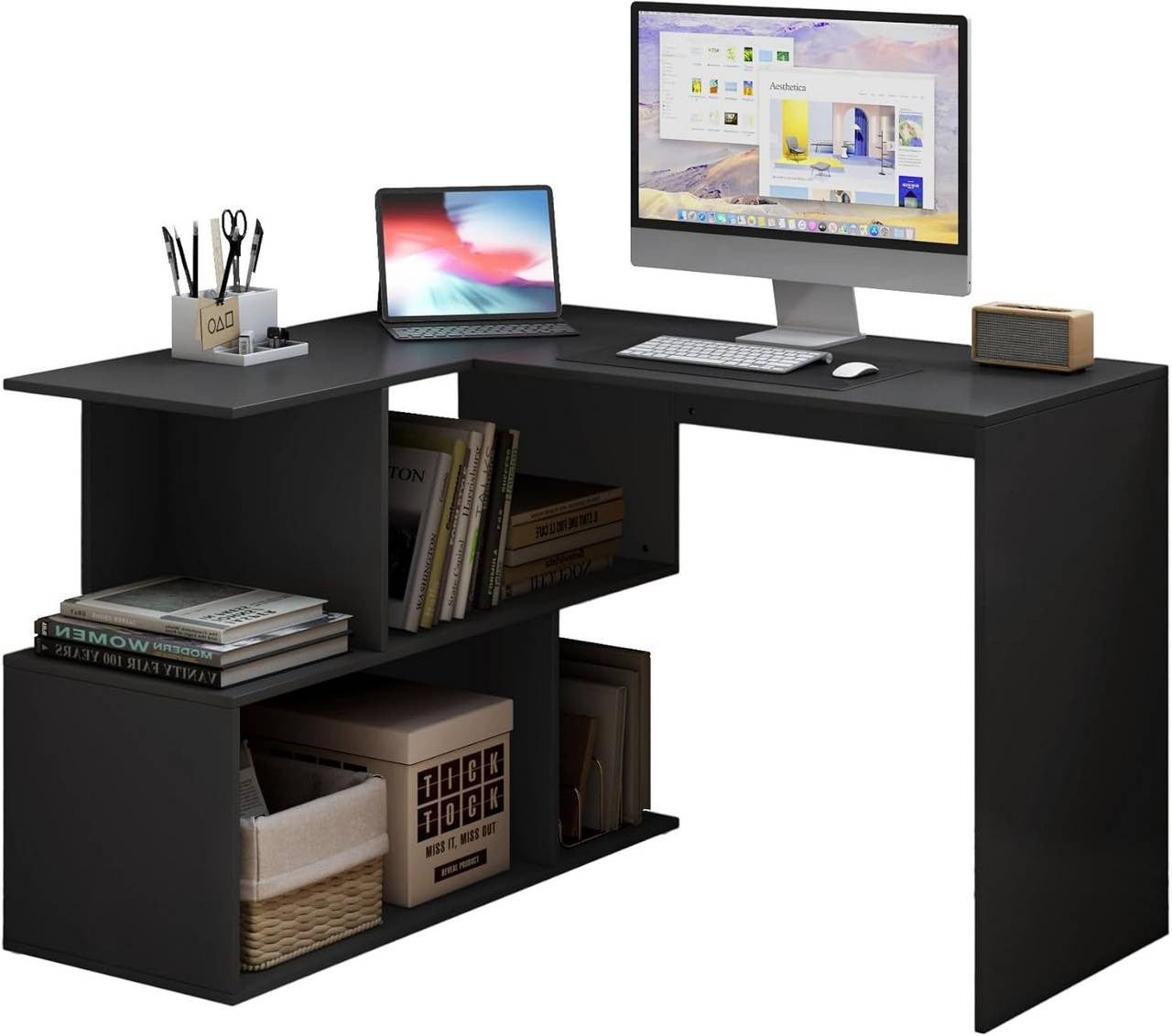 24goodz Corner Desk with Shelves - Space-Saving Design - MDF - For Home Office - Black