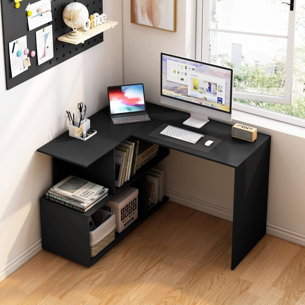 24goodz Corner Desk with Shelves - Space-Saving Design - MDF - For Home Office - Black