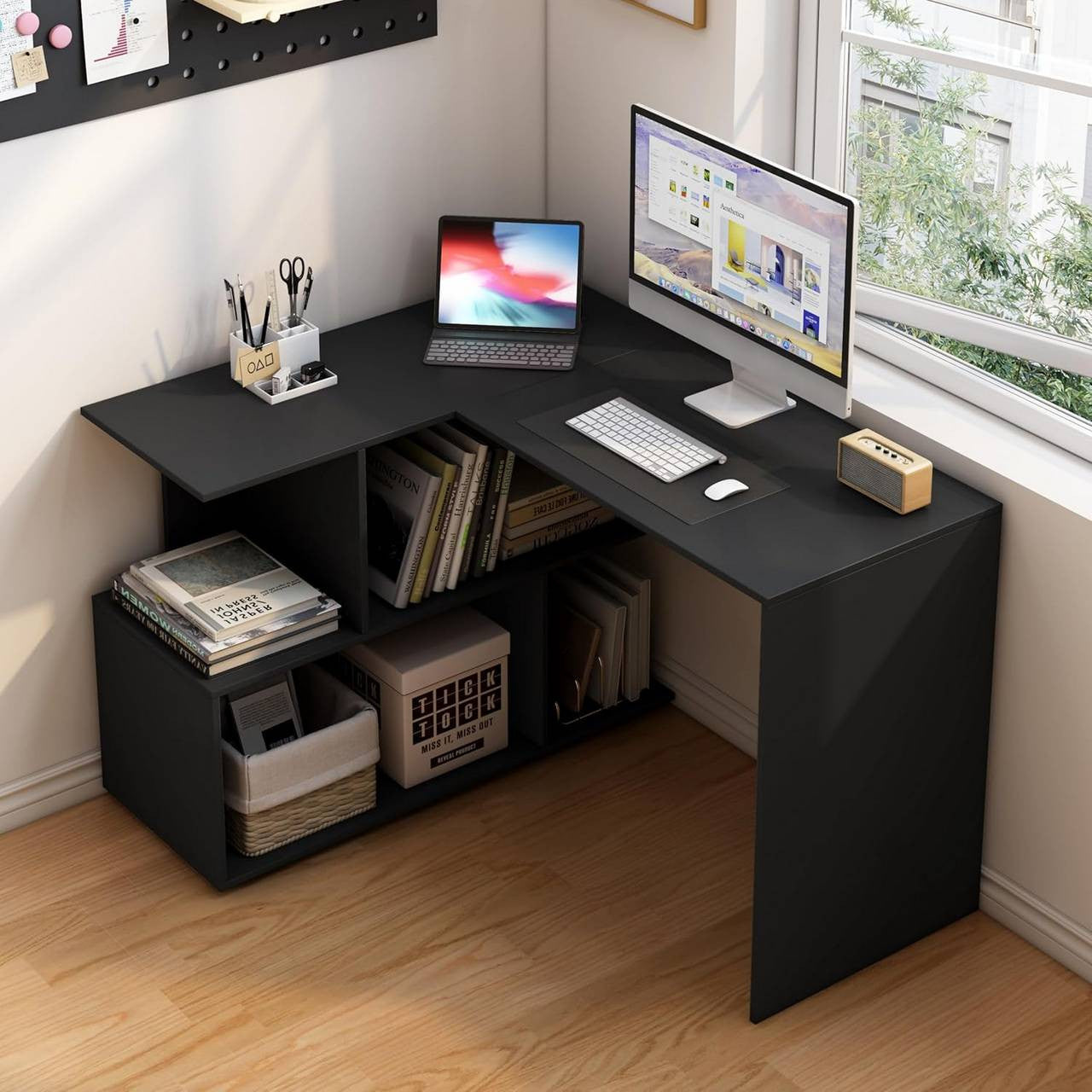24goodz Corner Desk with Shelves - Space-Saving Design - MDF - For Home Office - Black