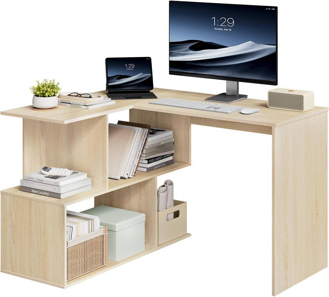 24goodz Corner Desk with Shelves - Versatile 2-in-1 Design - Engineered Wood - For Home Office - Light Oak