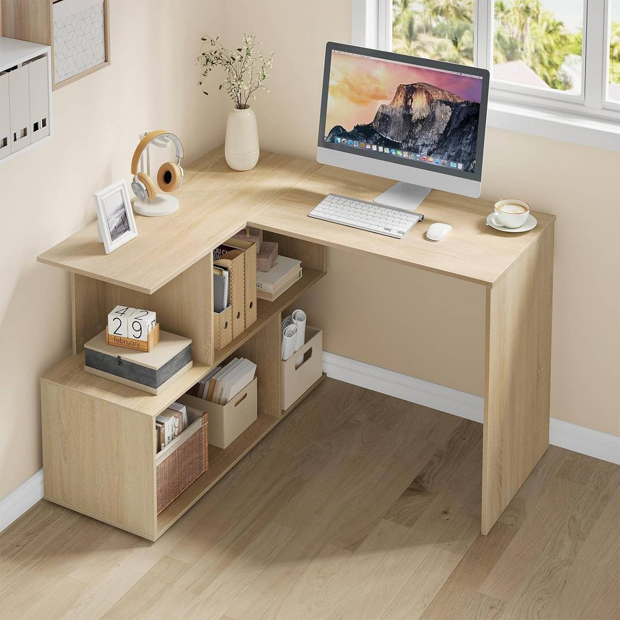 24goodz Corner Desk with Shelves - Versatile 2-in-1 Design - Engineered Wood - For Home Office - Light Oak